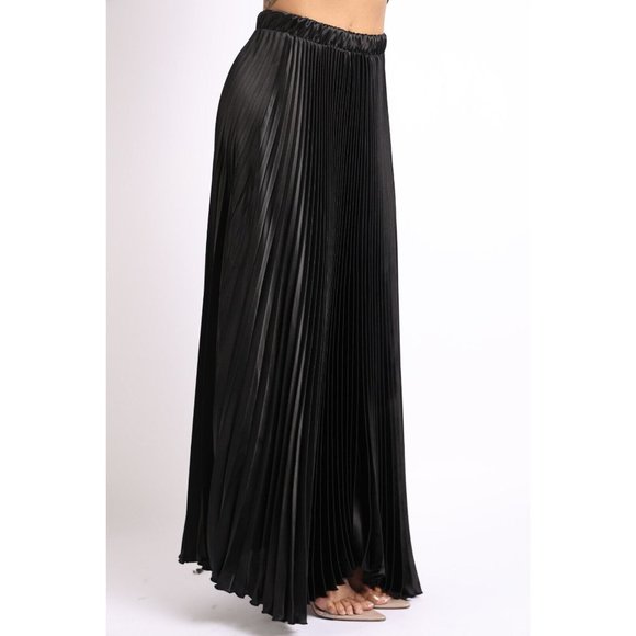Women's Elastic High Waist A-Line Pleated Satin Maxi Skirt Formal Prom Party - Picture 2 of 10